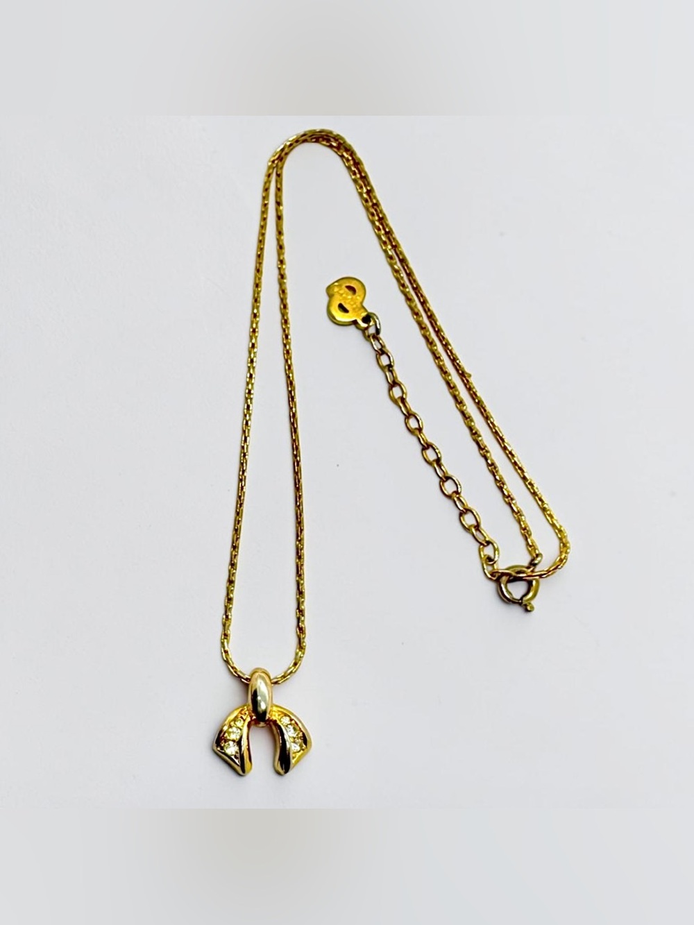 Dior Vintage 18K Gold Plated Crystal Ribbon Pendant Necklace Authentic